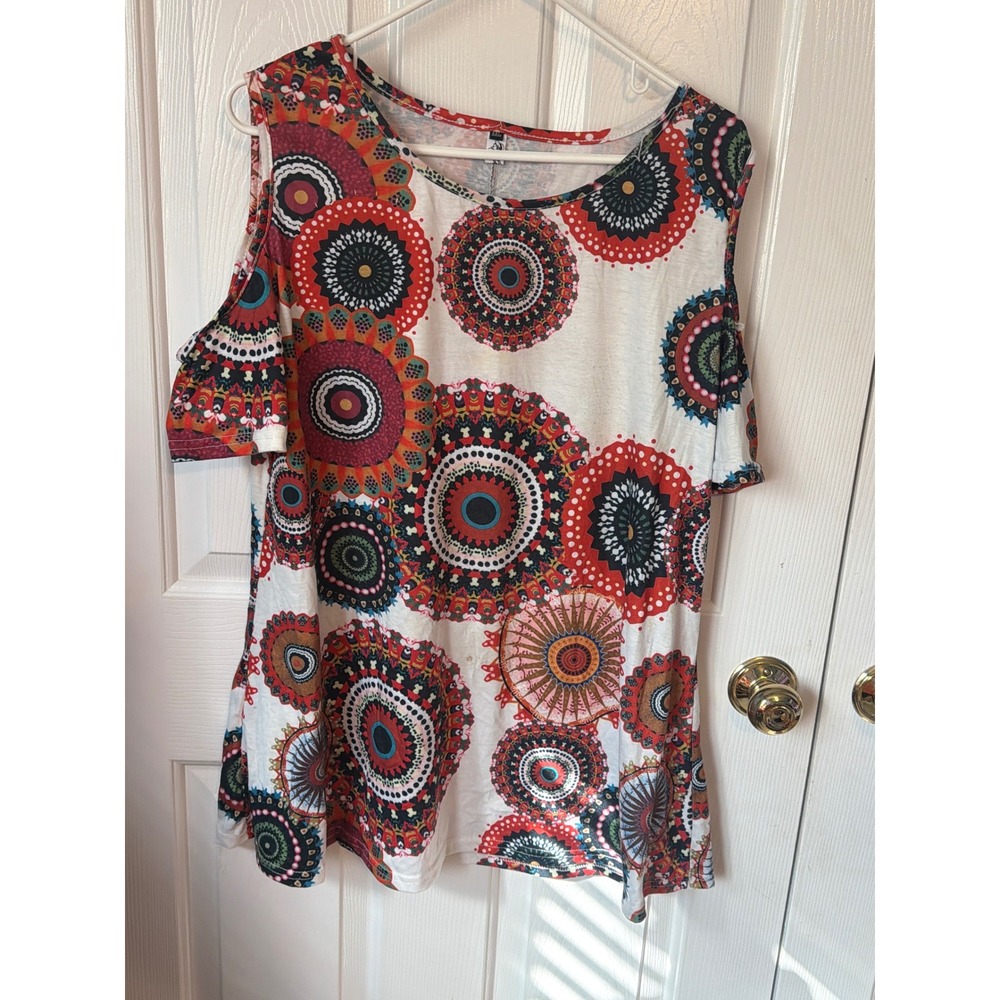 Querry Womens XXL Cold Shoulder Mandala Print Boho Top Red Orange Teal Multi